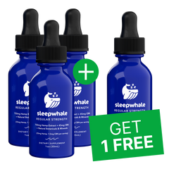 Four blue bottles of Sleepwhale with a 'Get 1 Free' offer.