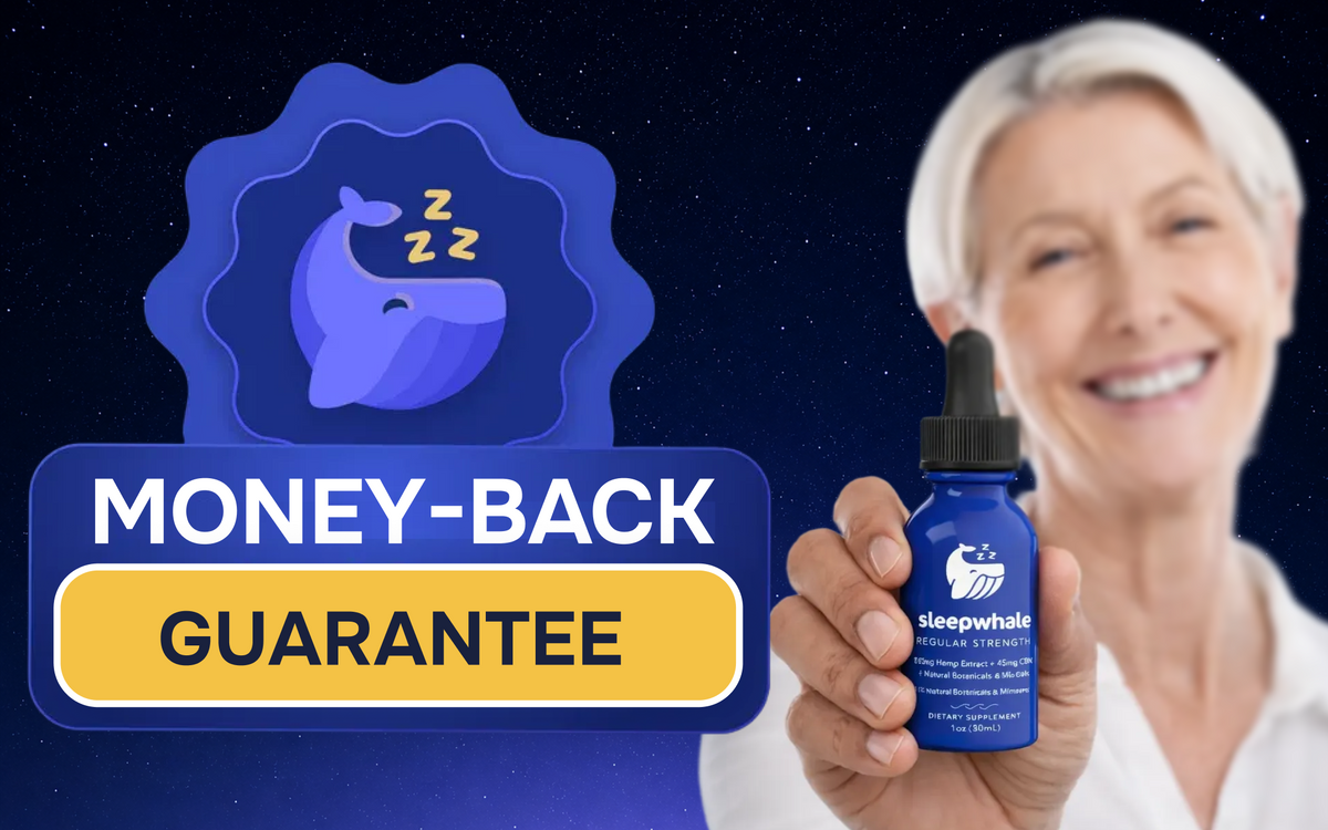 Person holding a bottle of Sleepwhale product with a money-back guarantee badge on a dark background