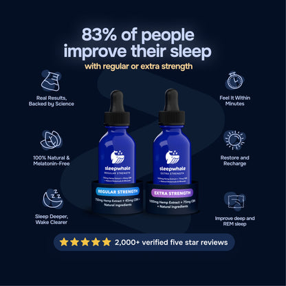 Sleep aid product with bottles labeled 'Regular Strength' and 'Extra Strength' on a dark background with text about sleep improvement.