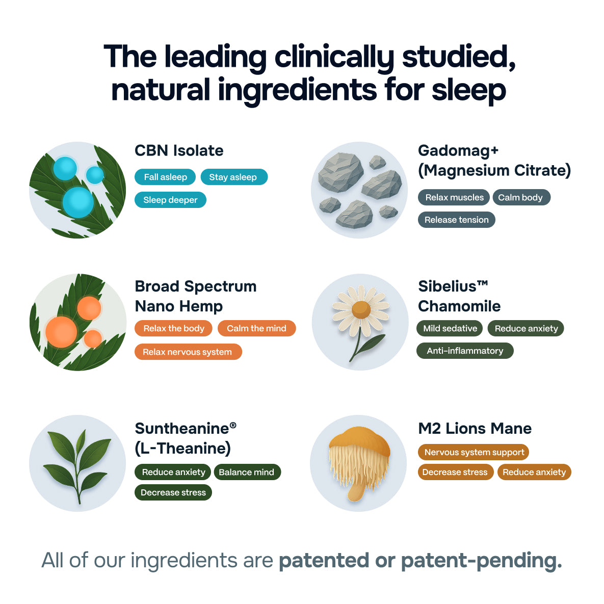 Chart of natural ingredients for sleep with icons and text on a white background