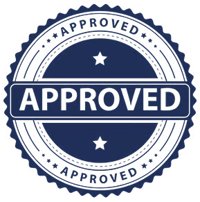 A circular navy blue and white 'APPROVED' stamp-style badge with stars and a serrated edge, shown on a plain white background.