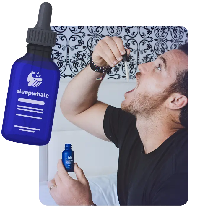 Person using a Sleepwhale dropper bottle with a decorative wall in the background