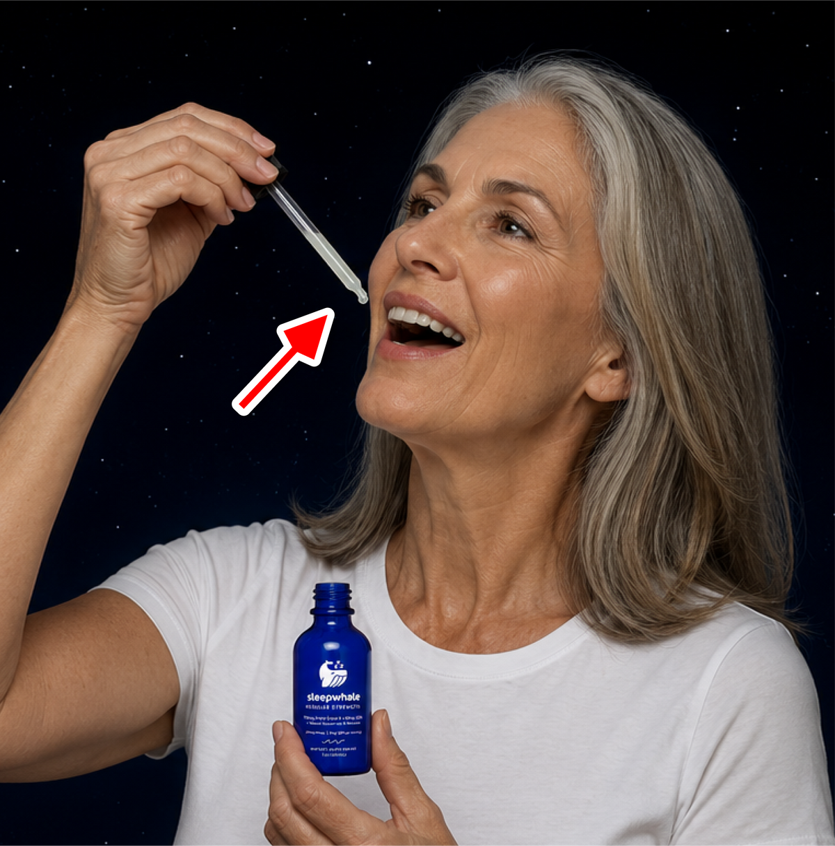 A woman with gray hair holds a glass dropper above her mouth while holding a small blue bottle labeled 'deepblue' against a dark starry background. A red arrow graphic points to the dropper.