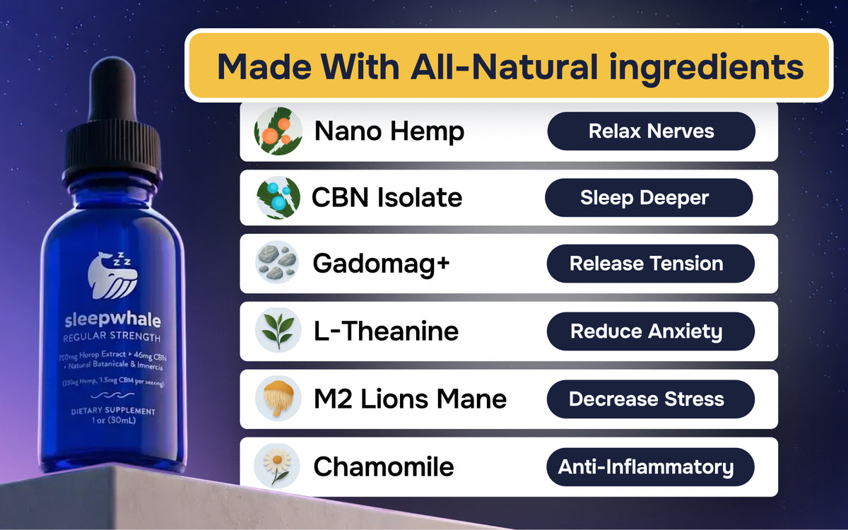 Sleepwhale supplement bottle with ingredients listed on a starry night background
