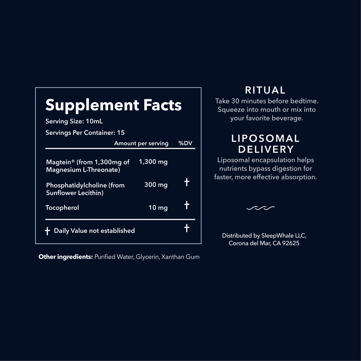 Supplement facts label with liposomal delivery information on a black background