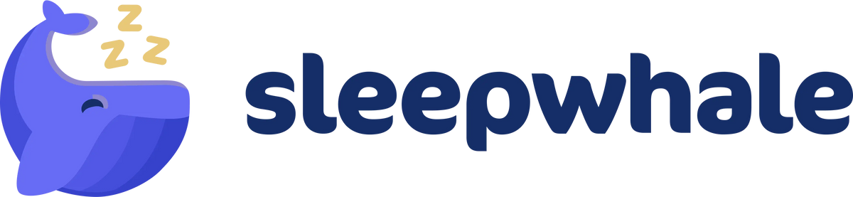 Logo of sleepwhale with a blue whale and sleep-related icons.